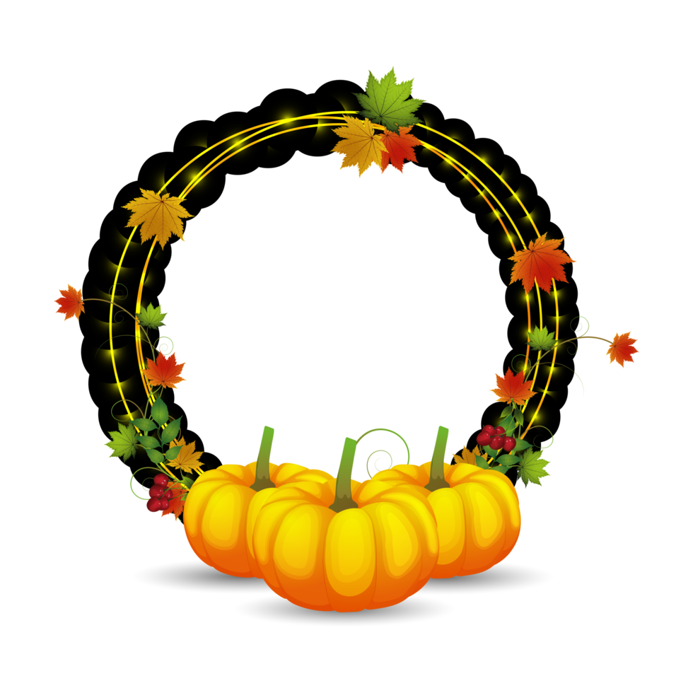 Happy thanksgiving card with autumn leaves and pumpkin png