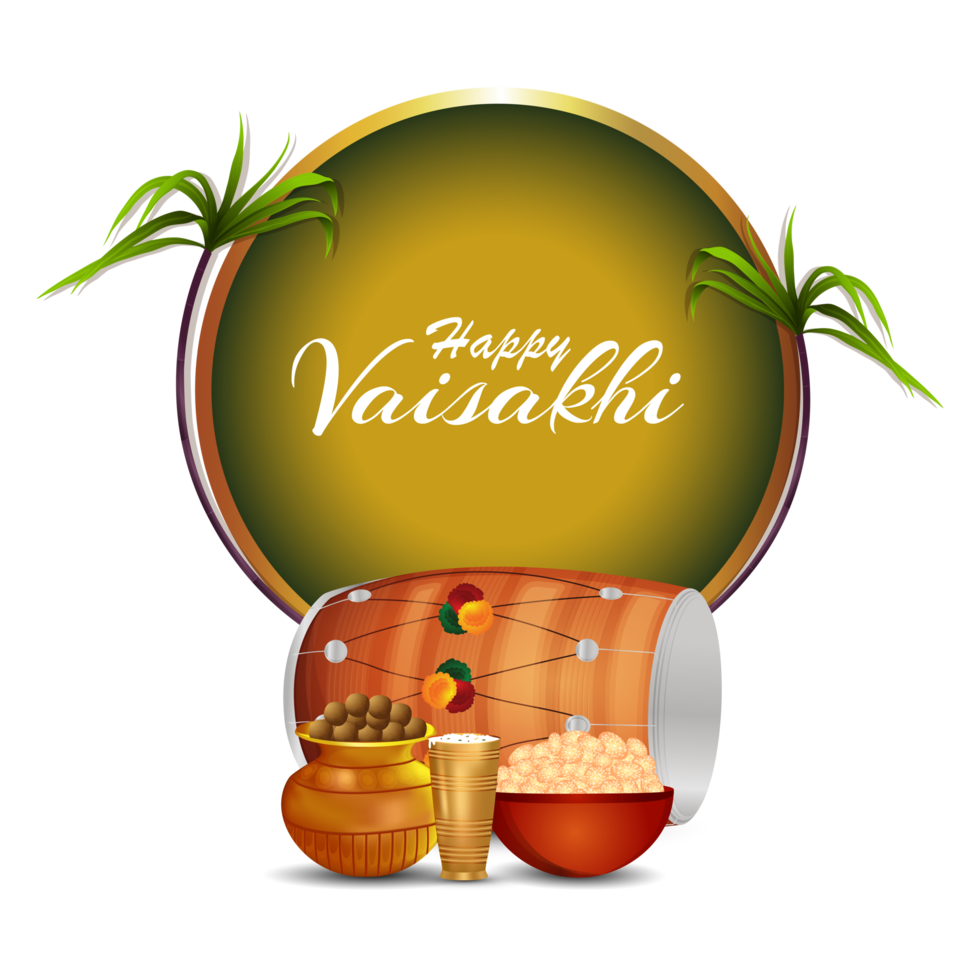 Happy vaisakhi design with wheat and drum png