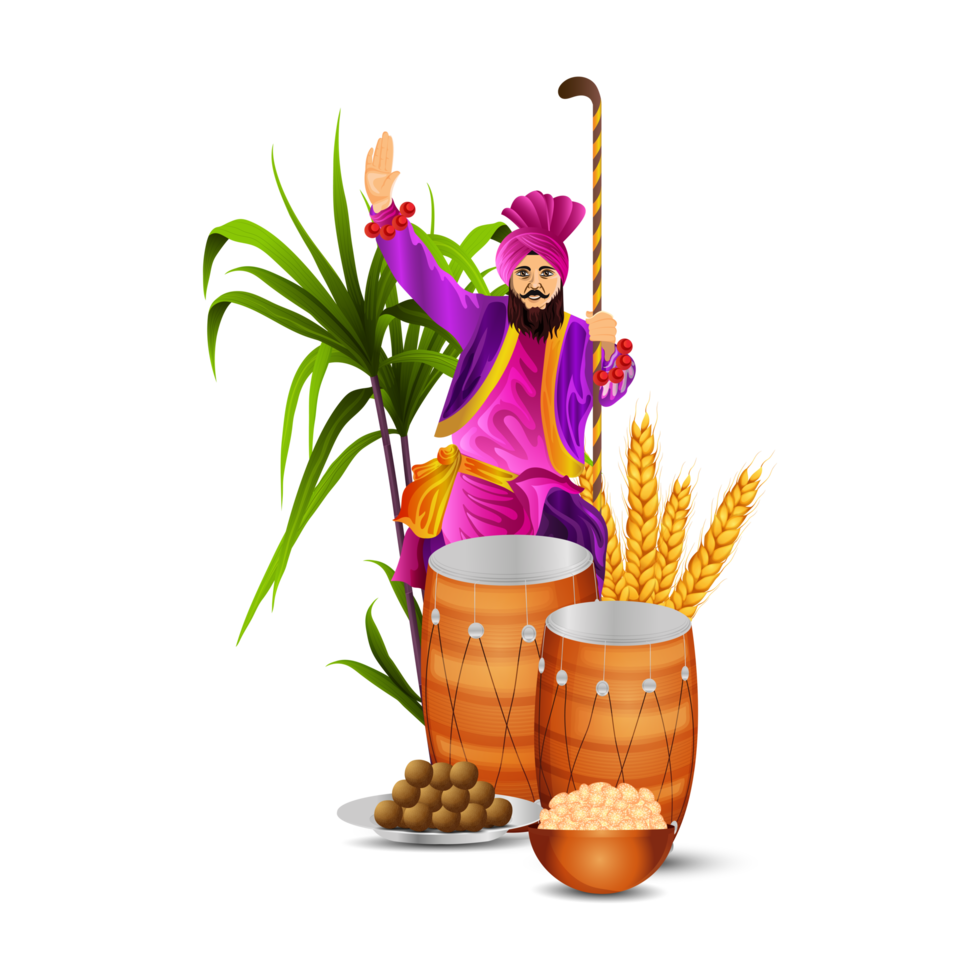 Happy vaisakhi design with wheat and drum png