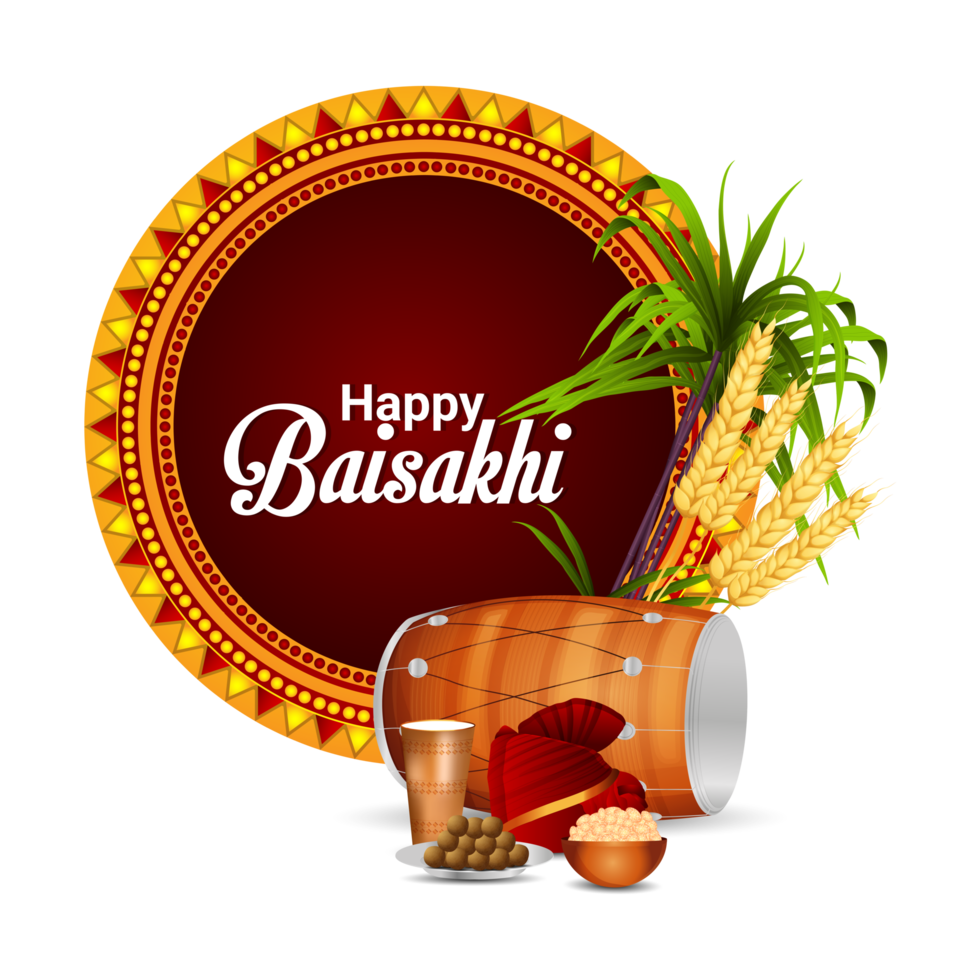 Happy vaisakhi design with wheat and drum png