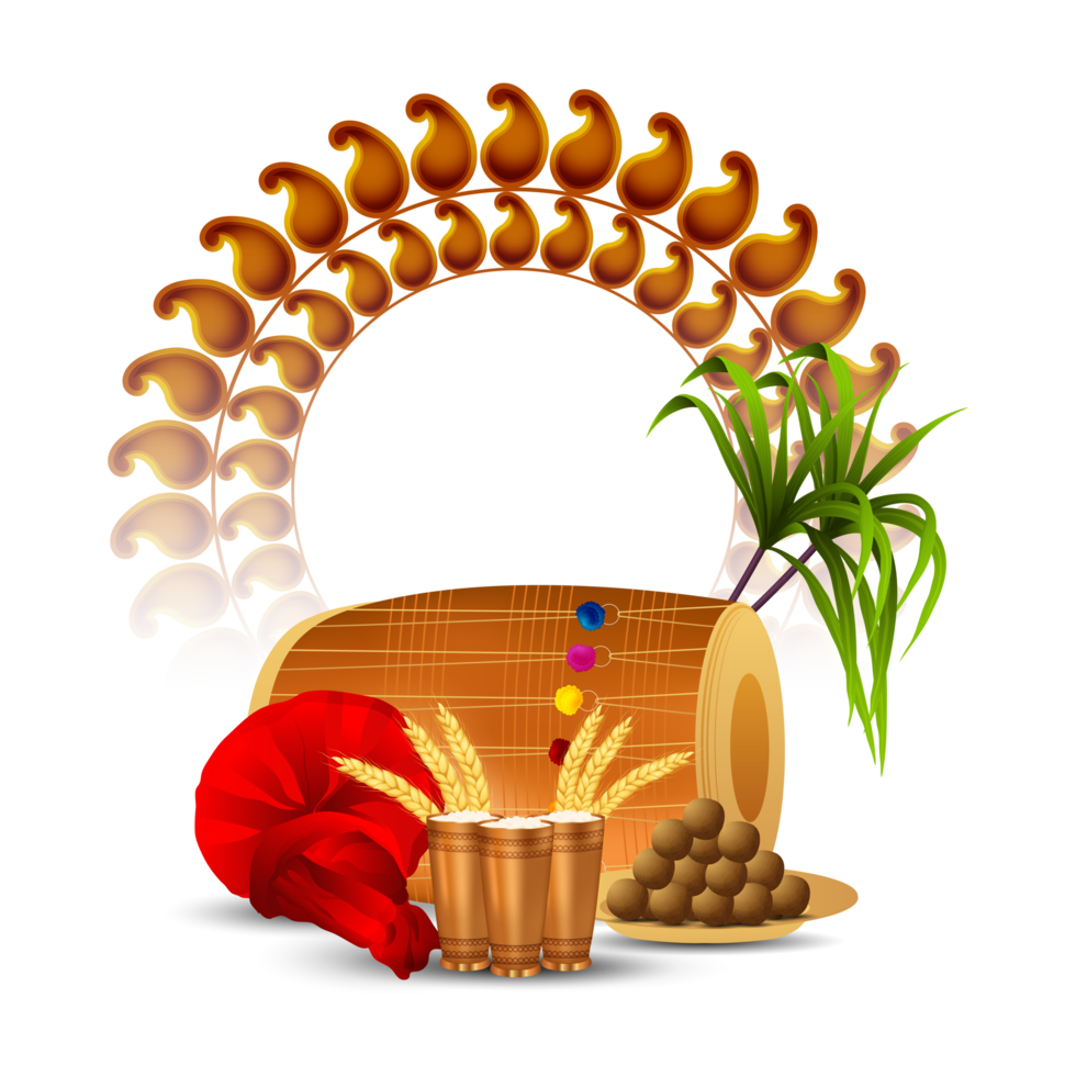 Happy vaisakhi design with wheat and drum png