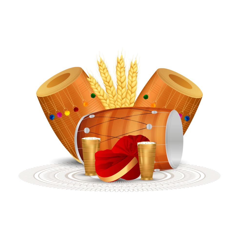 Happy vaisakhi design with wheat and drum png