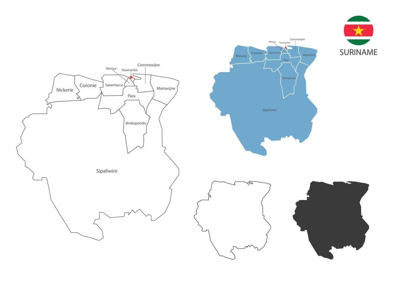 4 estilo de ilustración de vector de mapa de surinam tiene toda la provincia y marca la ciudad capital de surinam. por estilo de simplicidad de contorno negro delgado y estilo de sombra oscura. aislado sobre fondo blanco.