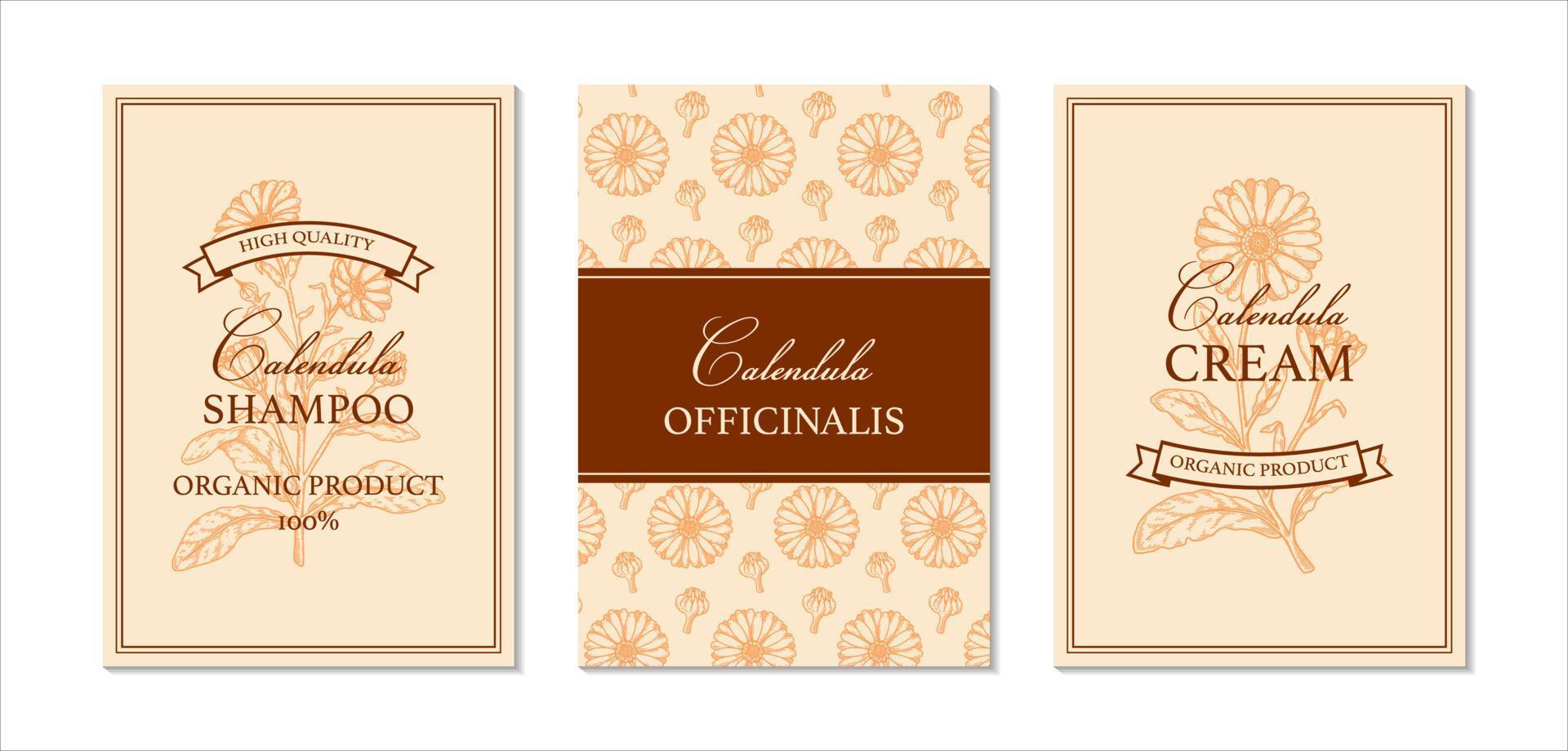 Set of calendula packaging design with hand drawn elements. Vector illustration in sketch style