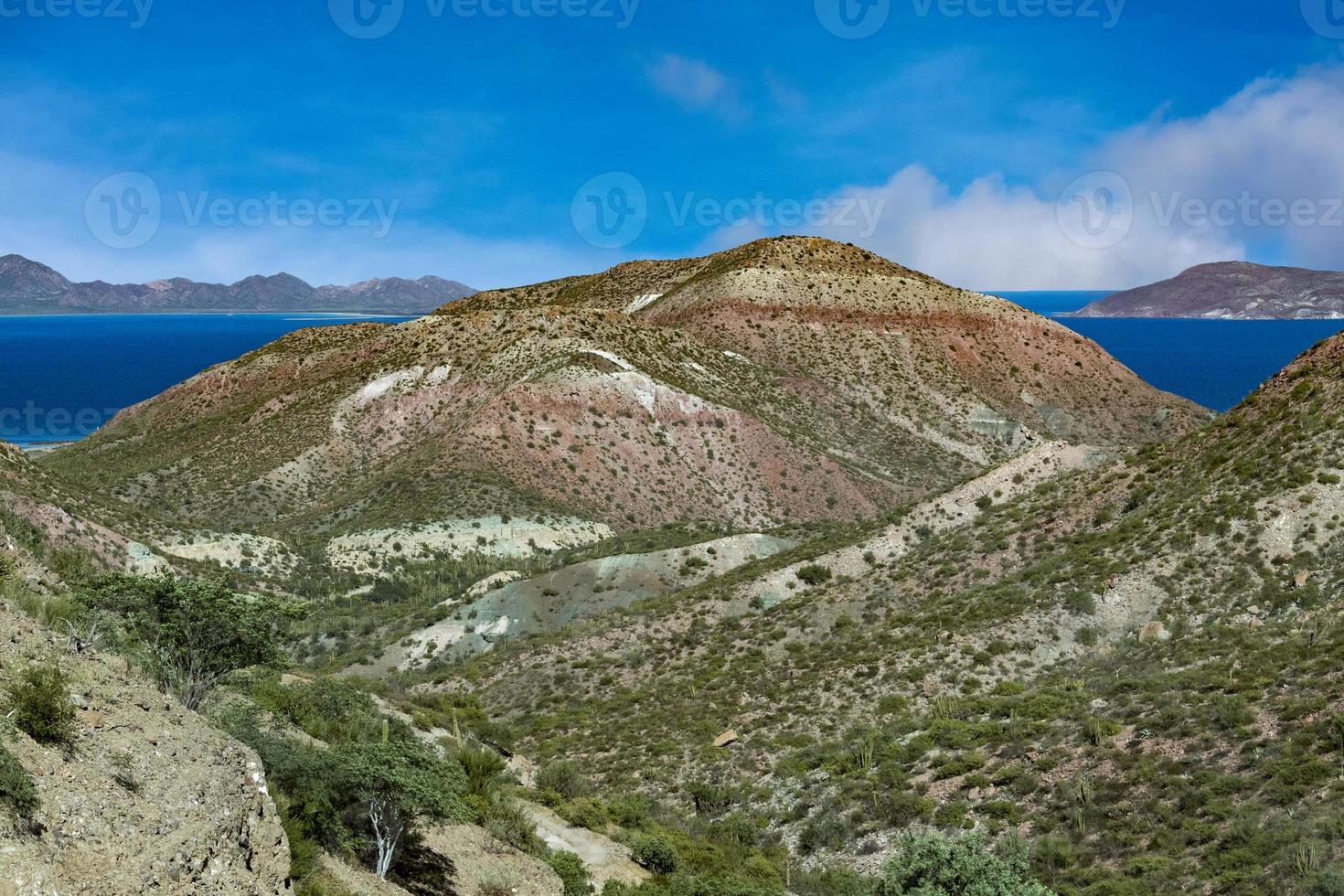 Car in baja california landscape panorama desert road with cortez sea on background photo