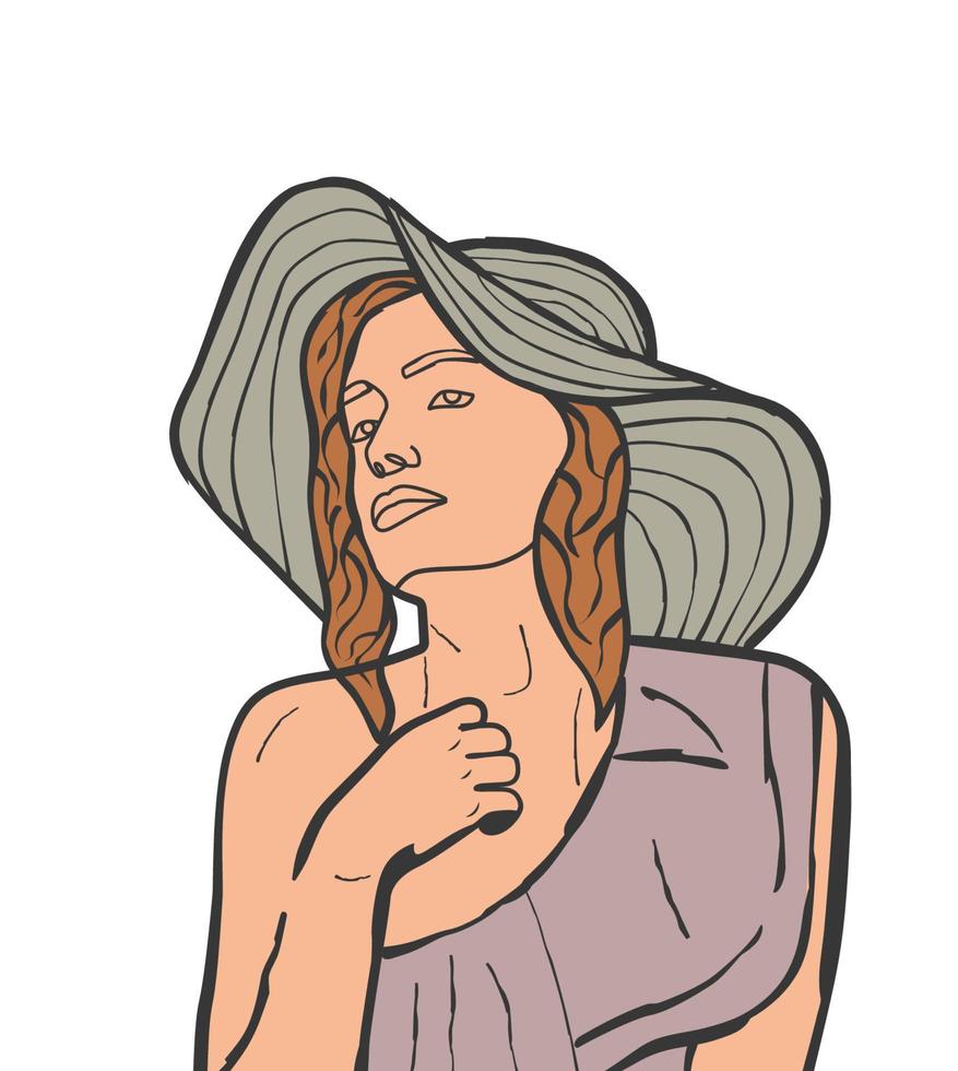Vintage retro woman linear drawing artwork vector