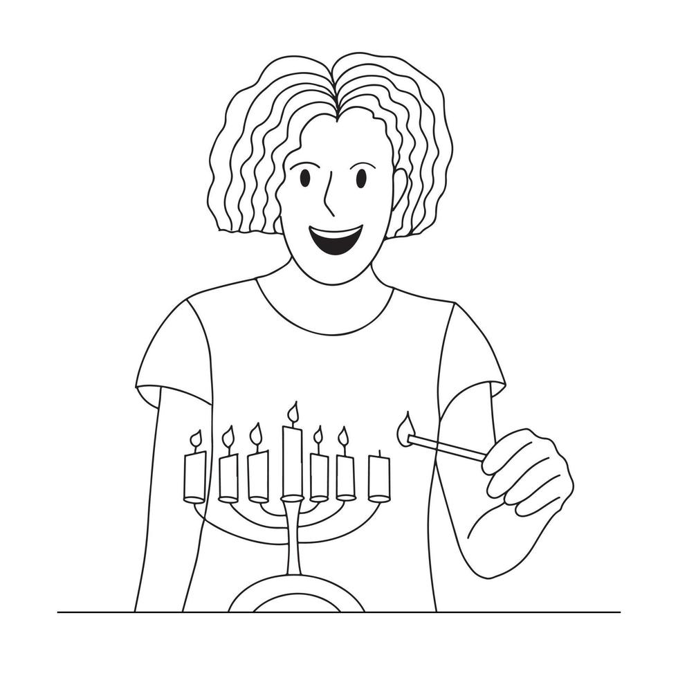 Happy African American woman with kinara candlestick, lightning candle for traditional African American heritage celebration in US - Kwanzaa. Hand drawn simple character in outline. celebrating Kwanza vector