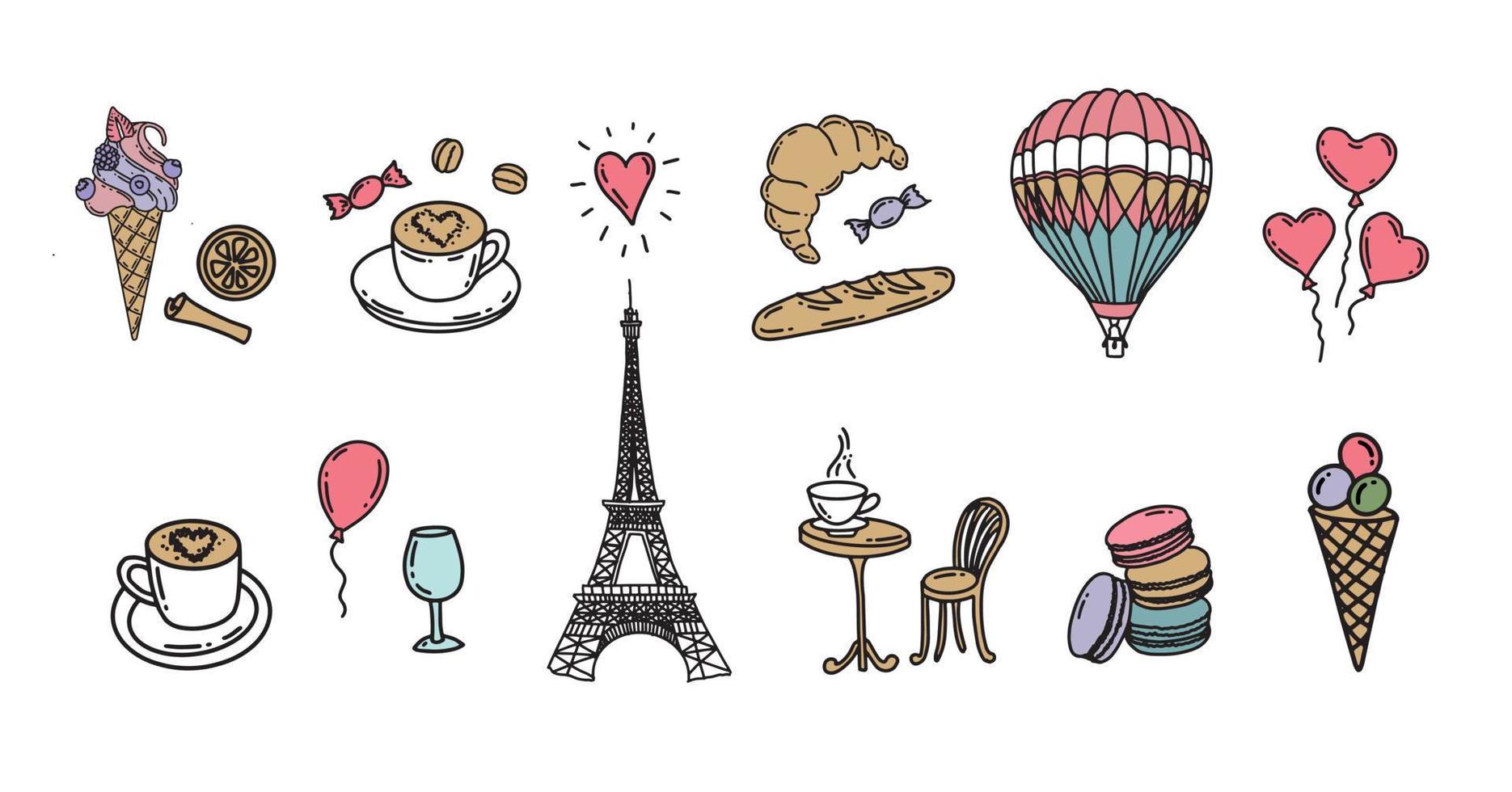 Set of hand drawn French icons, Paris sketch illustration. Vector. vector