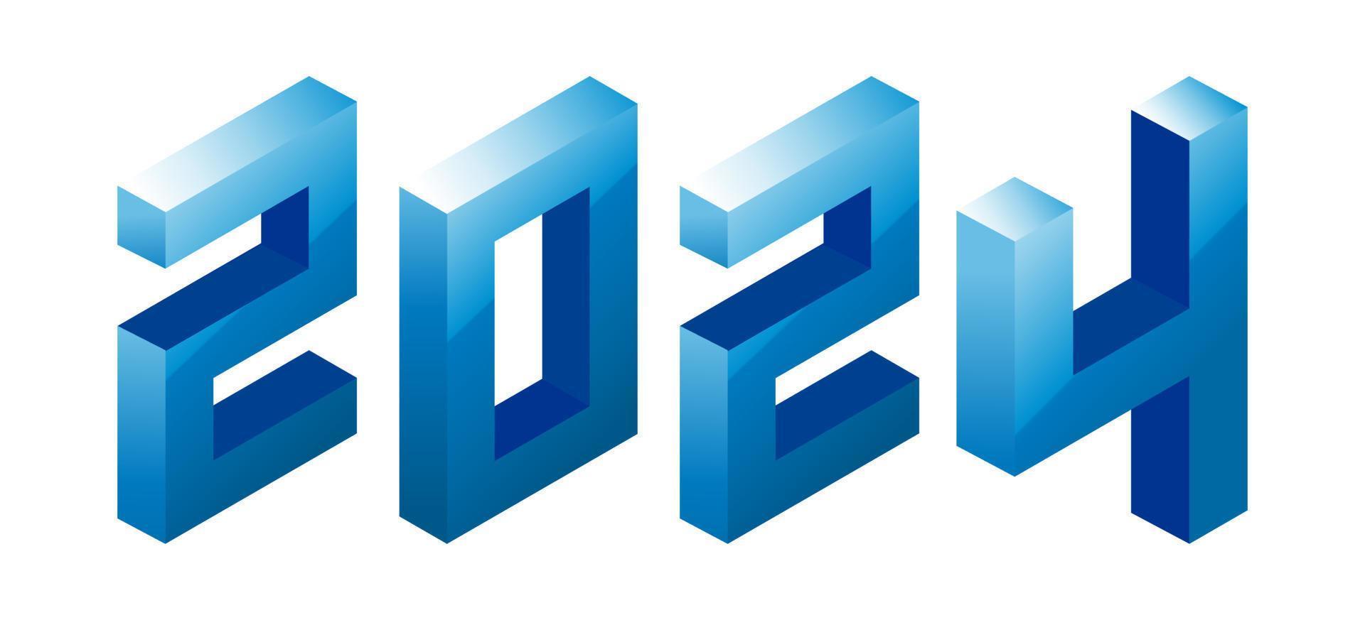 New Year 2024 blue water color design on white. Isometric style. vector