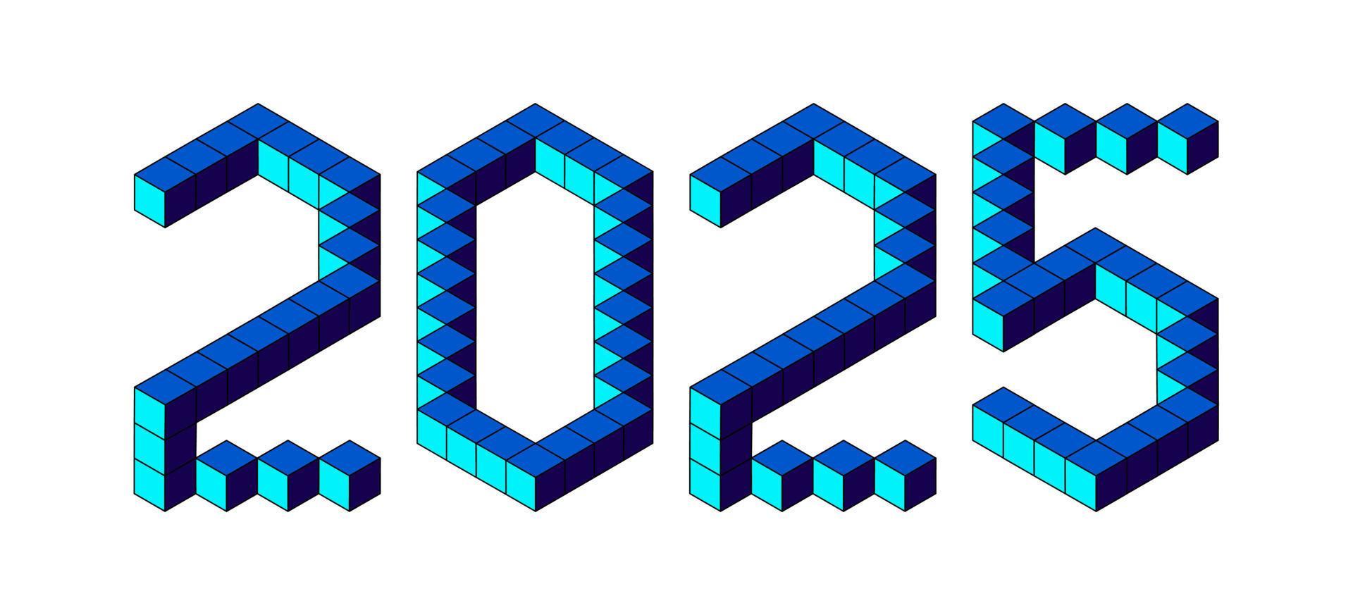 New Year 2025 design from blue cubes on white. 8 bit isometric style