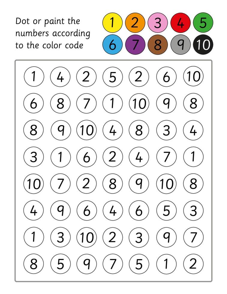 Educational game for kids. Dot or paint the numbers by color code.  Worksheet for toddlers and preschool. Fine motor skills activity. Number recognition vector