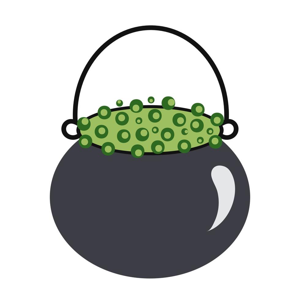 Vector pot with green potion and bubbles isolated. Halloween vector illustration.