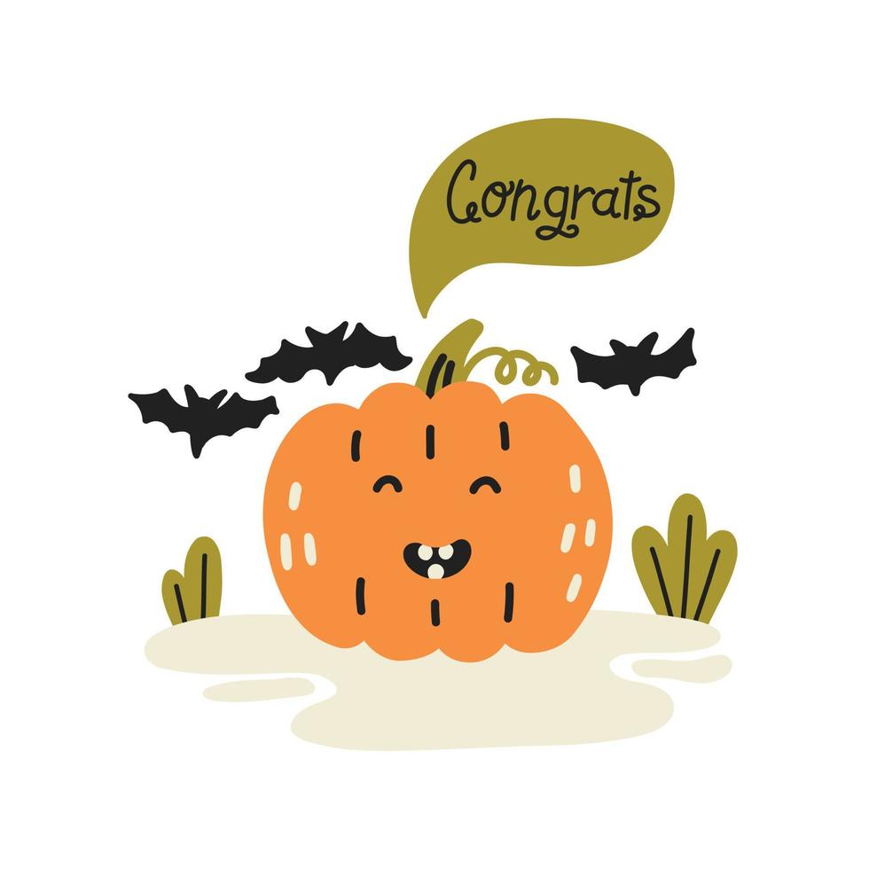 Cute orange pumpkin character with flying bats vector