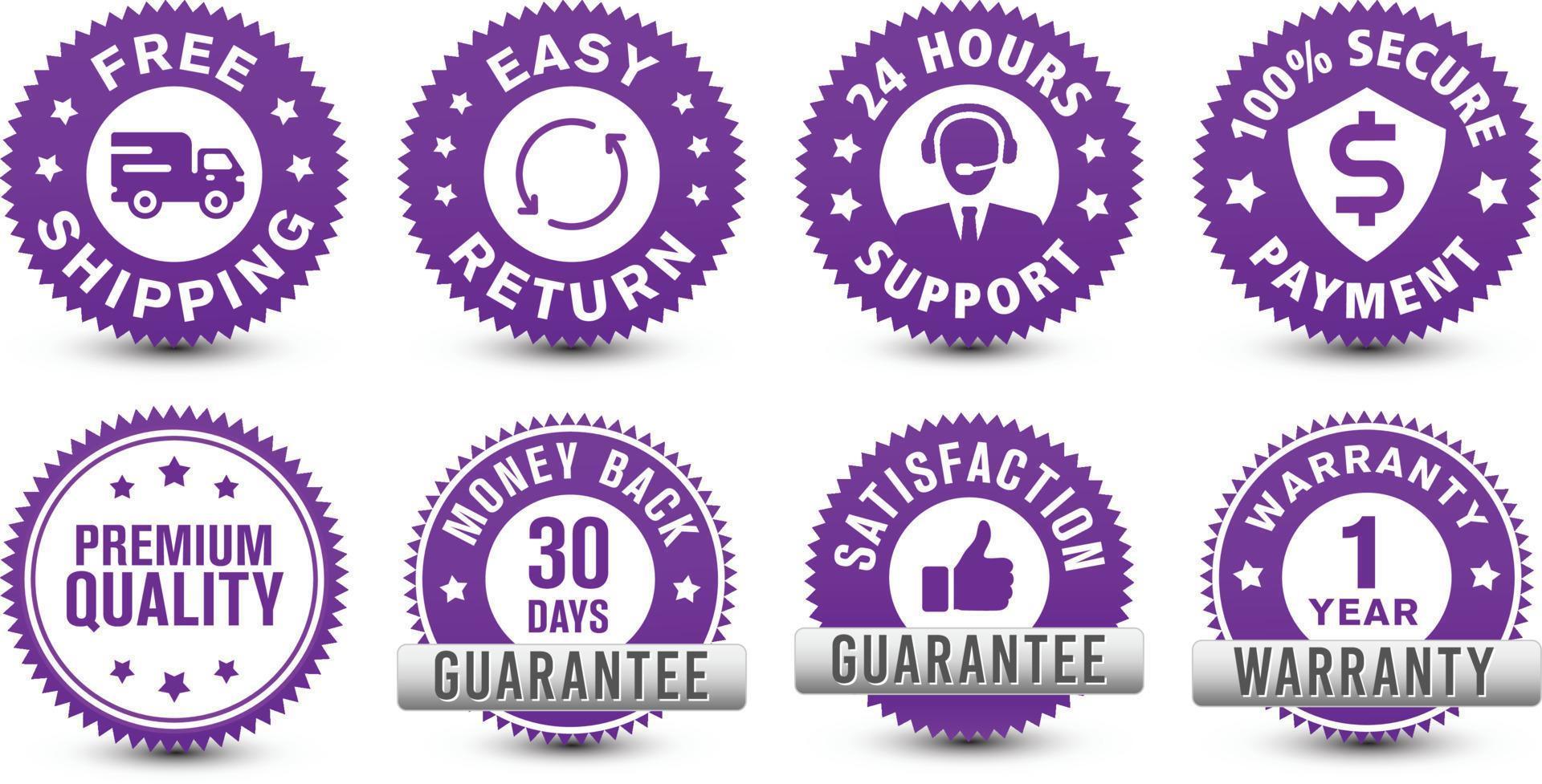 Money back, warranty, 24 hour support, etc. different type of online ecommerce security purple badges isolated on white background. vector