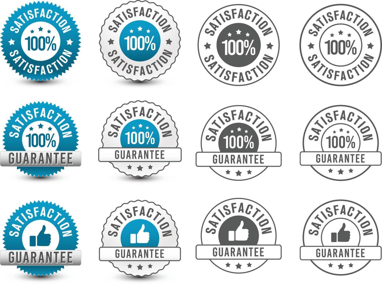 100 percent satisfaction guarantee badge, icon, symbol, insignia with different type of design style set, collection isolated on white background. vector