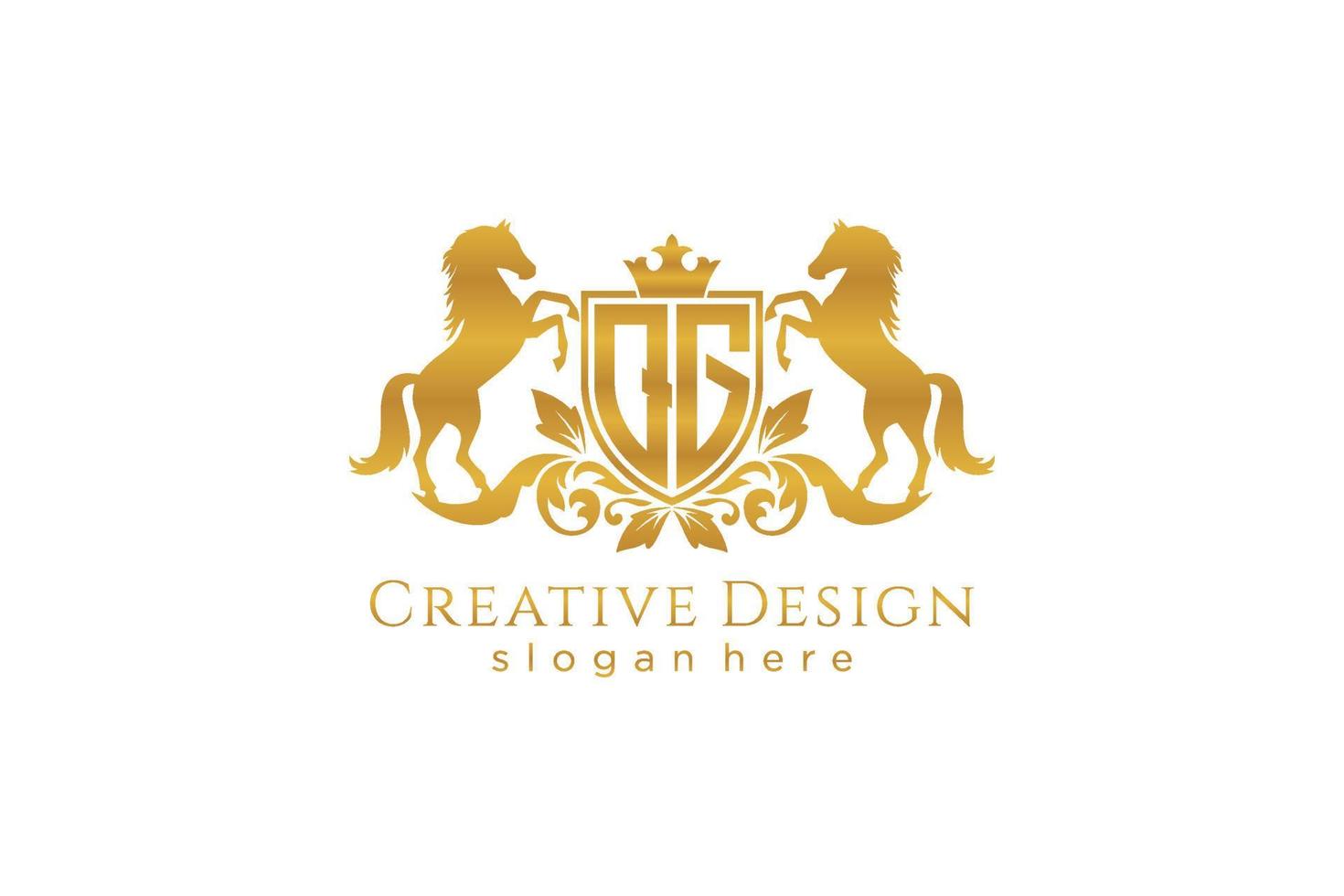 initial QG Retro golden crest with shield and two horses, badge template with scrolls and royal crown - perfect for luxurious branding projects vector