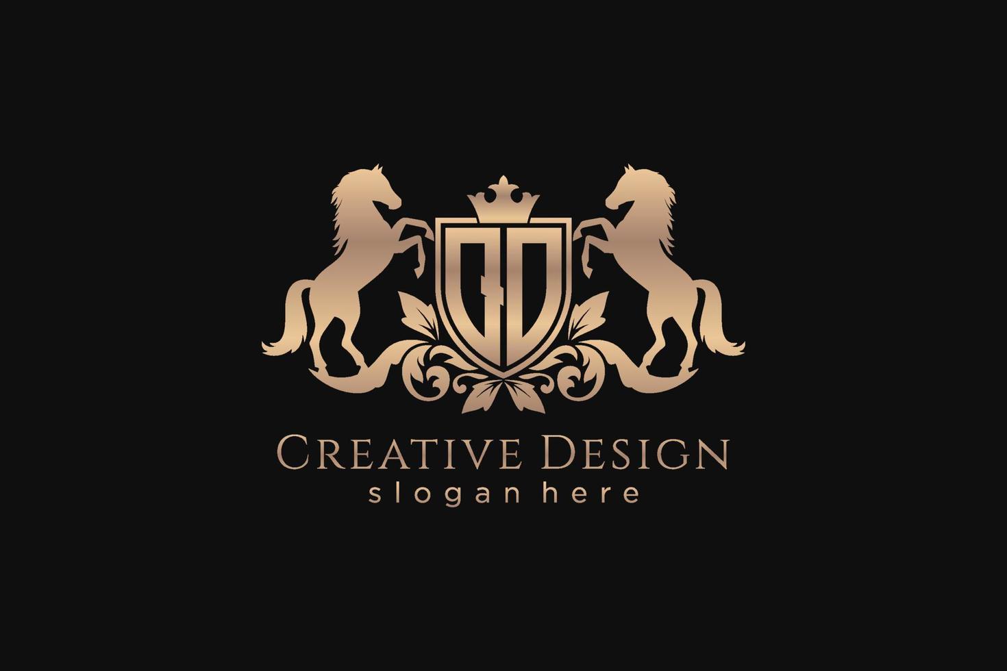 initial QO Retro golden crest with shield and two horses, badge template with scrolls and royal crown - perfect for luxurious branding projects vector