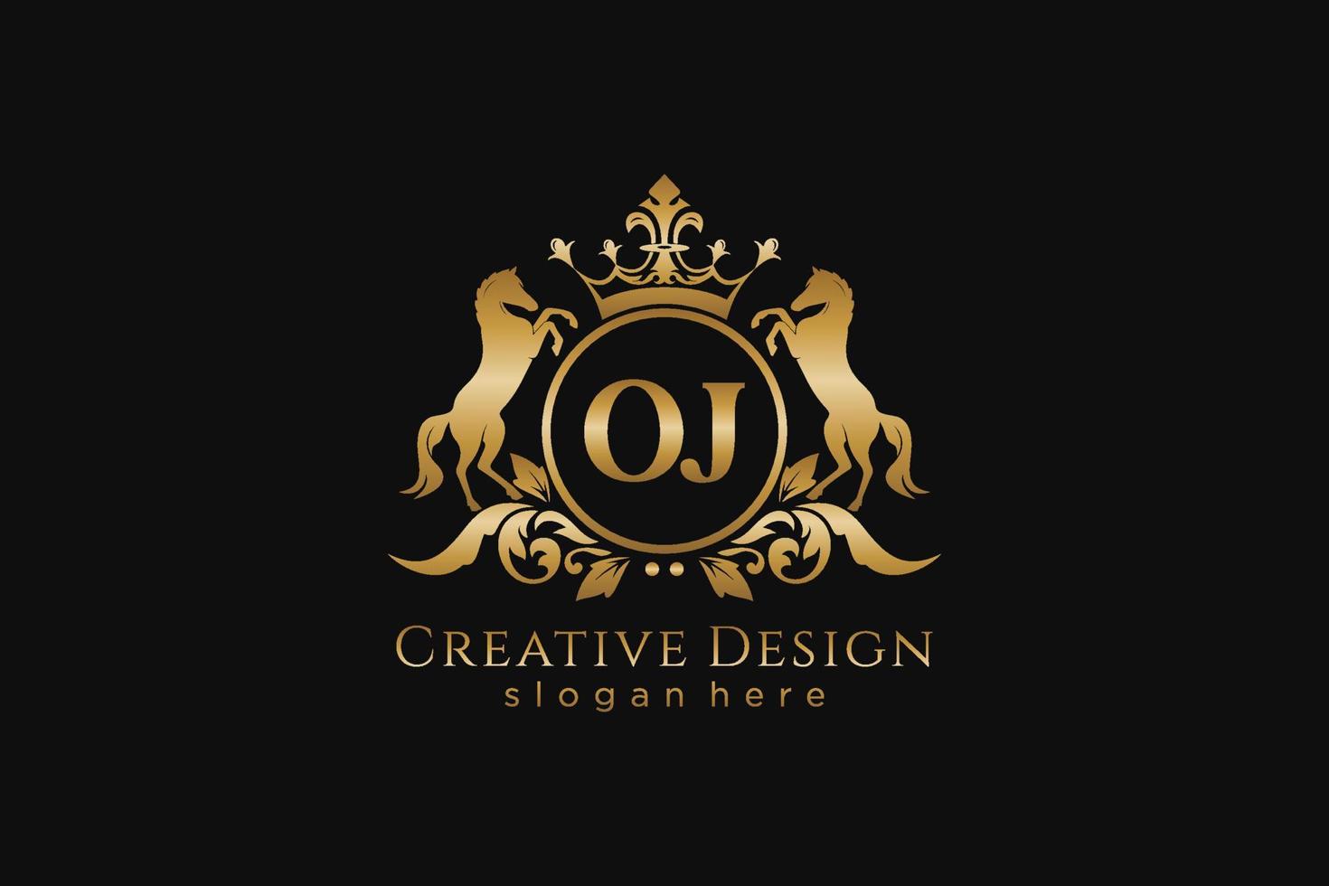 initial OJ Retro golden crest with circle and two horses, badge template with scrolls and royal crown - perfect for luxurious branding projects vector