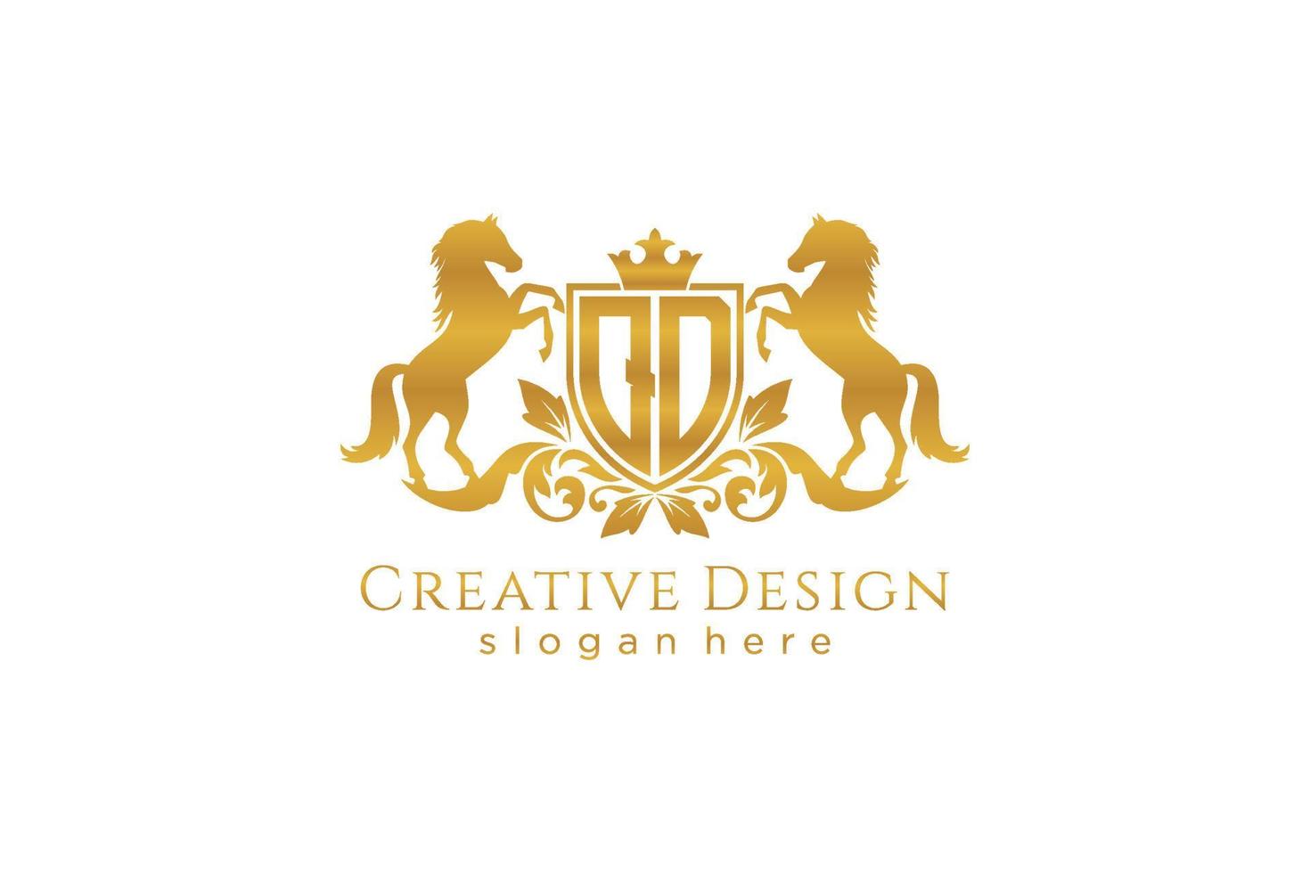initial QD Retro golden crest with shield and two horses, badge template with scrolls and royal crown - perfect for luxurious branding projects vector