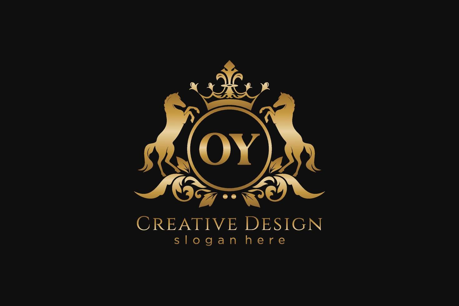 initial OY Retro golden crest with circle and two horses, badge template with scrolls and royal crown - perfect for luxurious branding projects vector