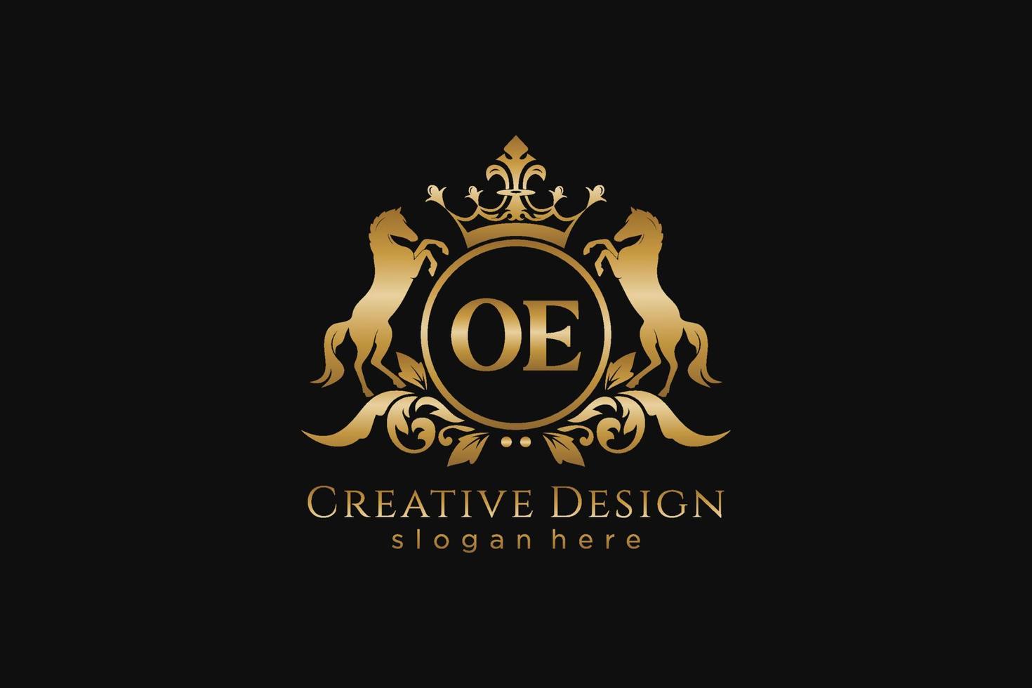 initial OE Retro golden crest with circle and two horses, badge template with scrolls and royal crown - perfect for luxurious branding projects vector