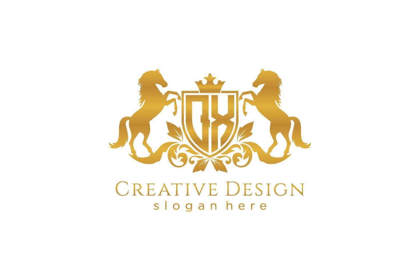 initial QX Retro golden crest with shield and two horses, badge template with scrolls and royal crown - perfect for luxurious branding projects vector
