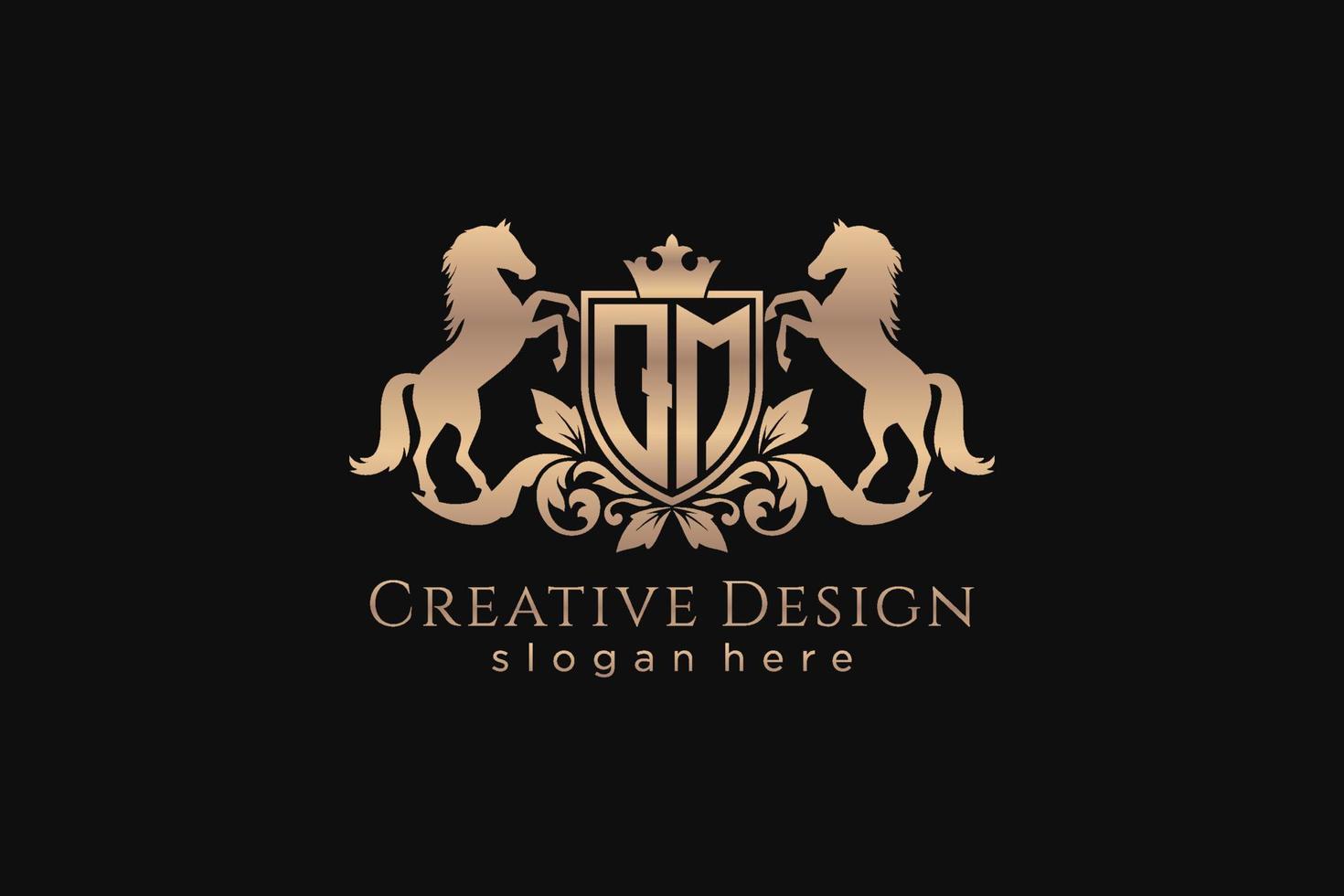 initial QM Retro golden crest with shield and two horses, badge template with scrolls and royal crown - perfect for luxurious branding projects vector