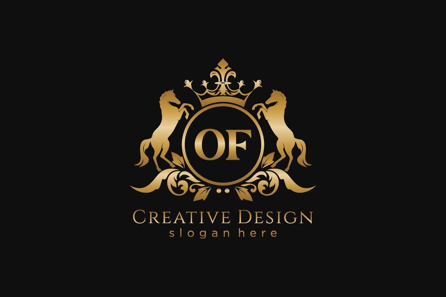 inicial de la cresta dorada retro con círculo y dos caballos, plantilla de placa con pergaminos y corona real, perfecta para proyectos de marca de lujo vector