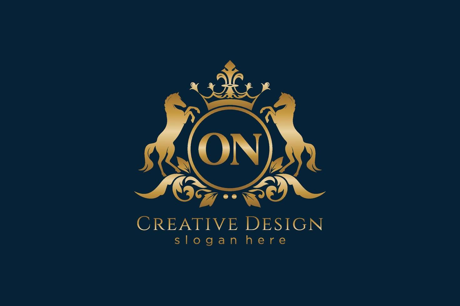 initial ON Retro golden crest with circle and two horses, badge template with scrolls and royal crown - perfect for luxurious branding projects vector