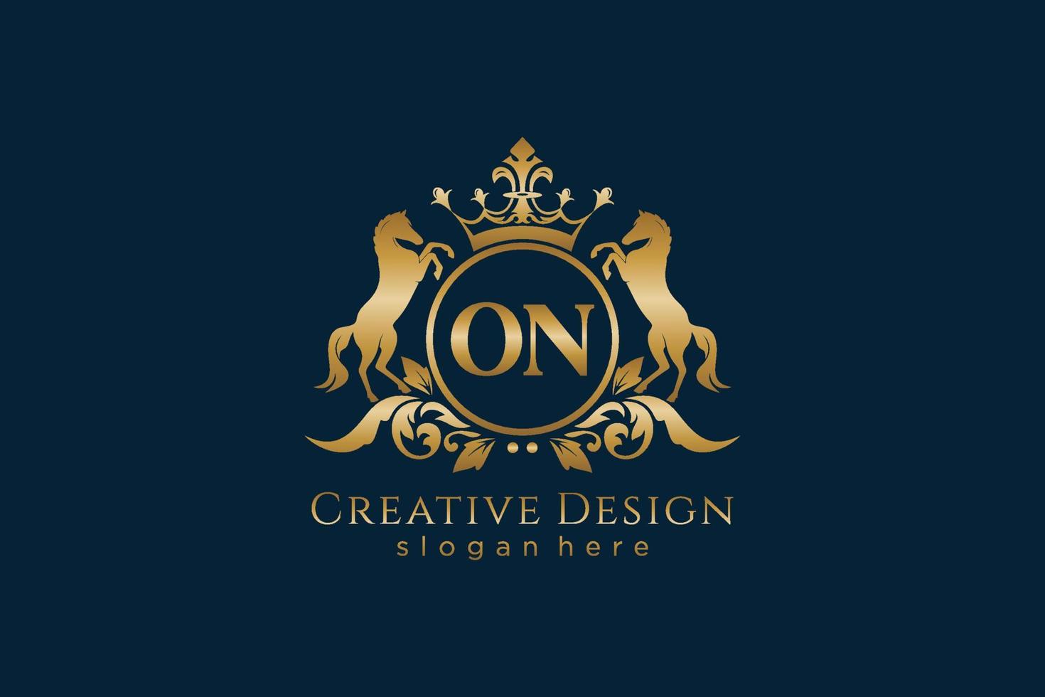 initial ON Retro golden crest with circle and two horses, badge template with scrolls and royal crown - perfect for luxurious branding projects vector