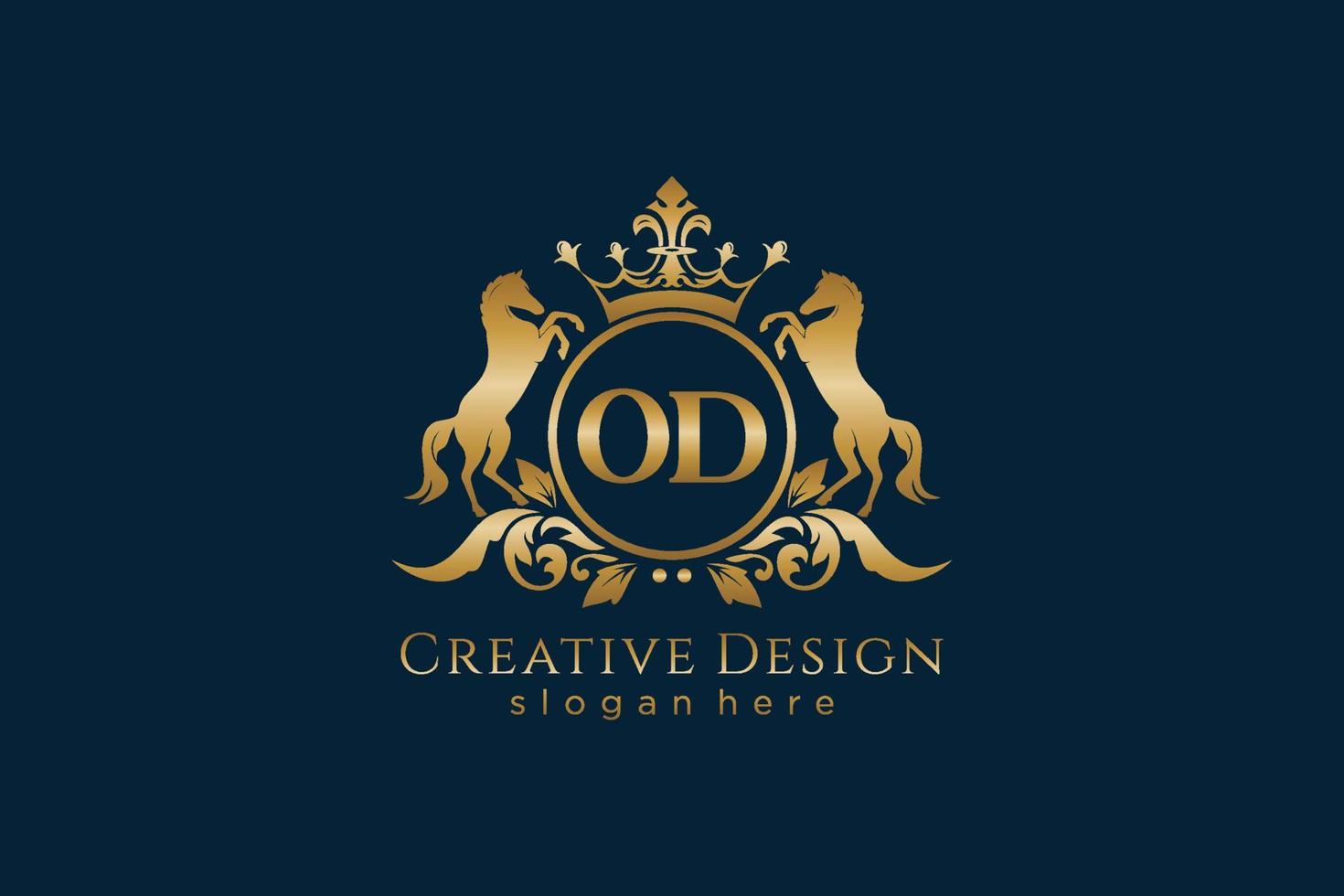 initial OD Retro golden crest with circle and two horses, badge template with scrolls and royal crown - perfect for luxurious branding projects vector