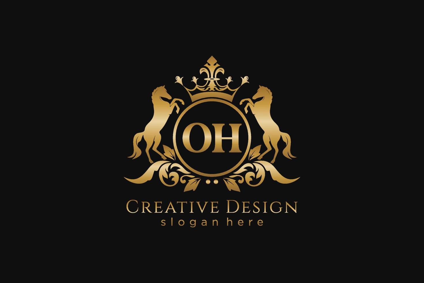 initial OH Retro golden crest with circle and two horses, badge template with scrolls and royal crown - perfect for luxurious branding projects vector