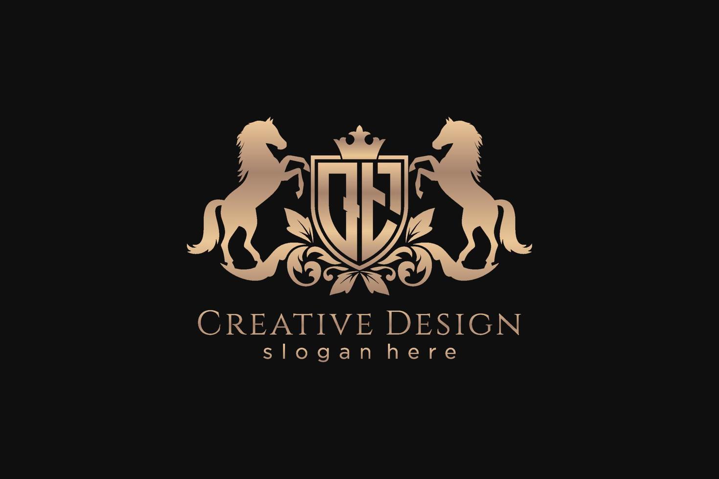 initial QT Retro golden crest with shield and two horses, badge template with scrolls and royal crown - perfect for luxurious branding projects vector