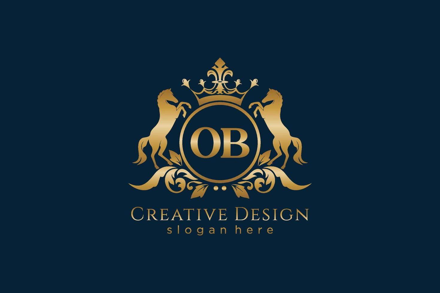 initial OB Retro golden crest with circle and two horses, badge template with scrolls and royal crown - perfect for luxurious branding projects vector