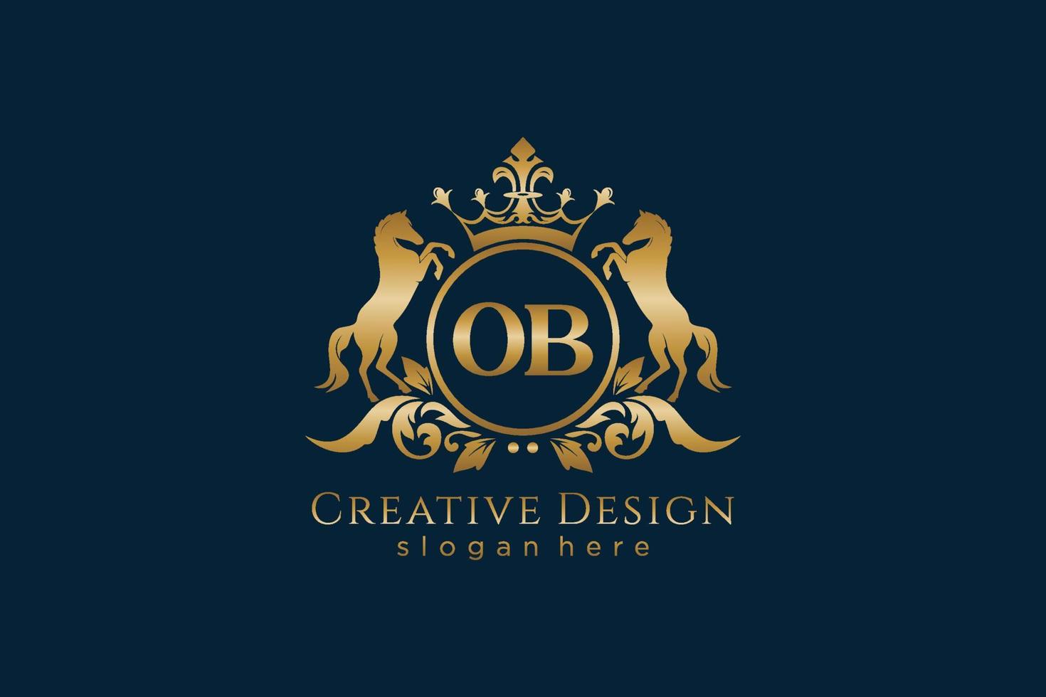 cresta de oro retro ob inicial con círculo y dos caballos, plantilla de insignia con pergaminos y corona real - perfecto para proyectos de marca de lujo vector