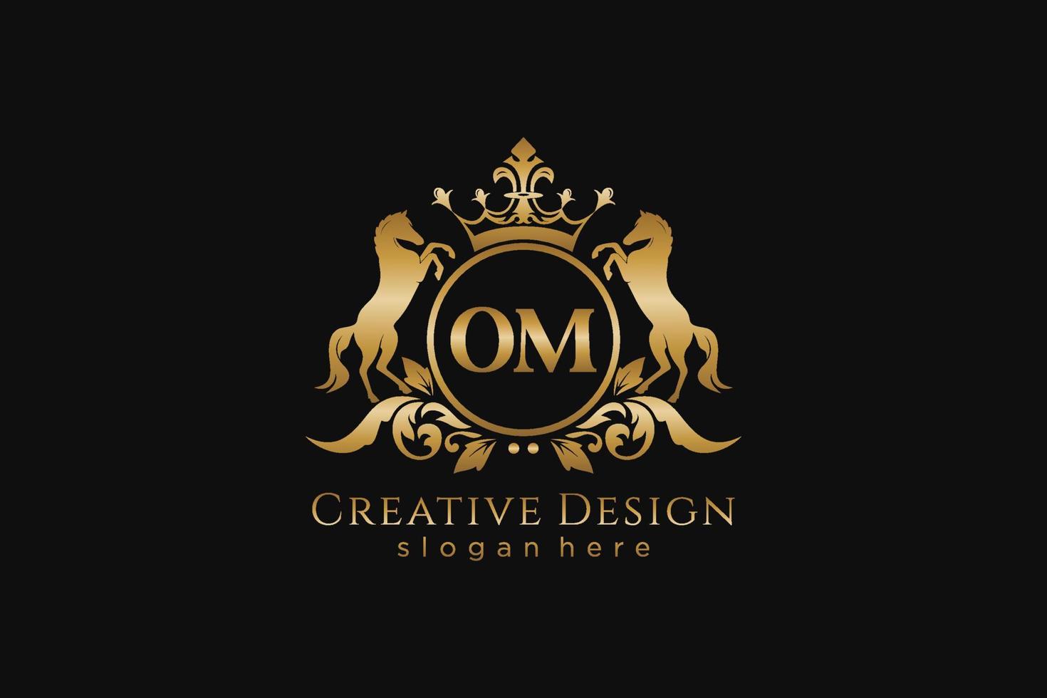 initial OM Retro golden crest with circle and two horses, badge template with scrolls and royal crown - perfect for luxurious branding projects vector