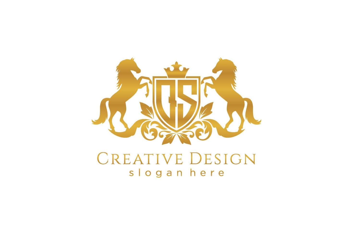 initial QS Retro golden crest with shield and two horses, badge template with scrolls and royal crown - perfect for luxurious branding projects vector