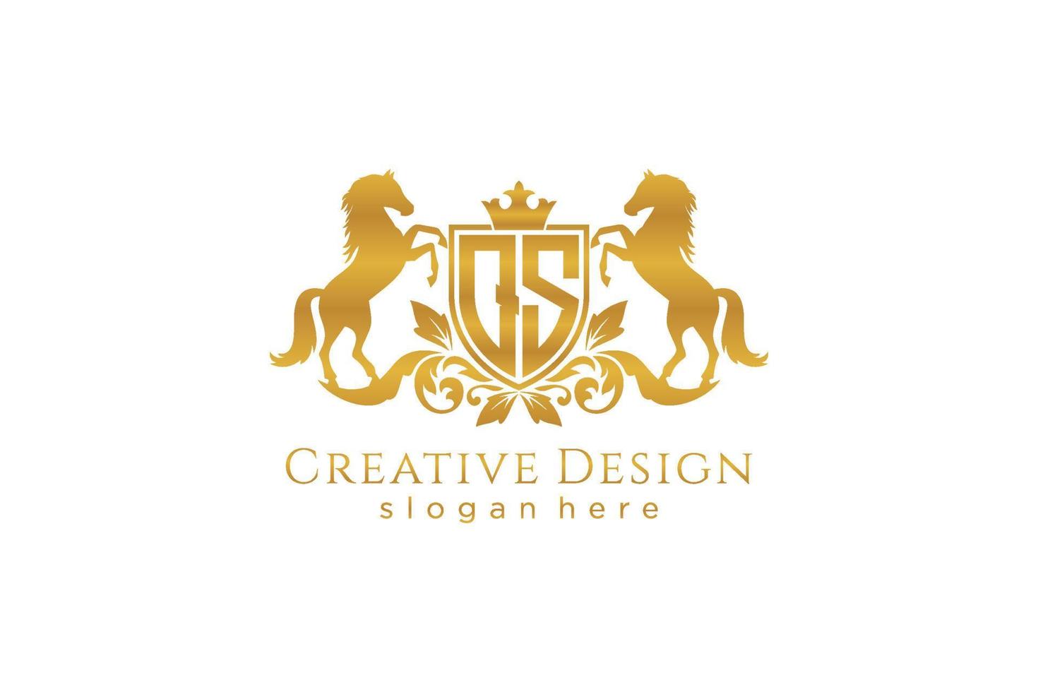 initial QS Retro golden crest with shield and two horses, badge template with scrolls and royal crown - perfect for luxurious branding projects vector