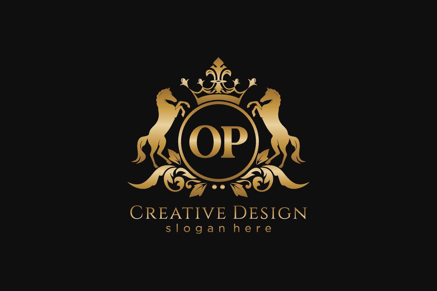 initial OP Retro golden crest with circle and two horses, badge template with scrolls and royal crown - perfect for luxurious branding projects vector