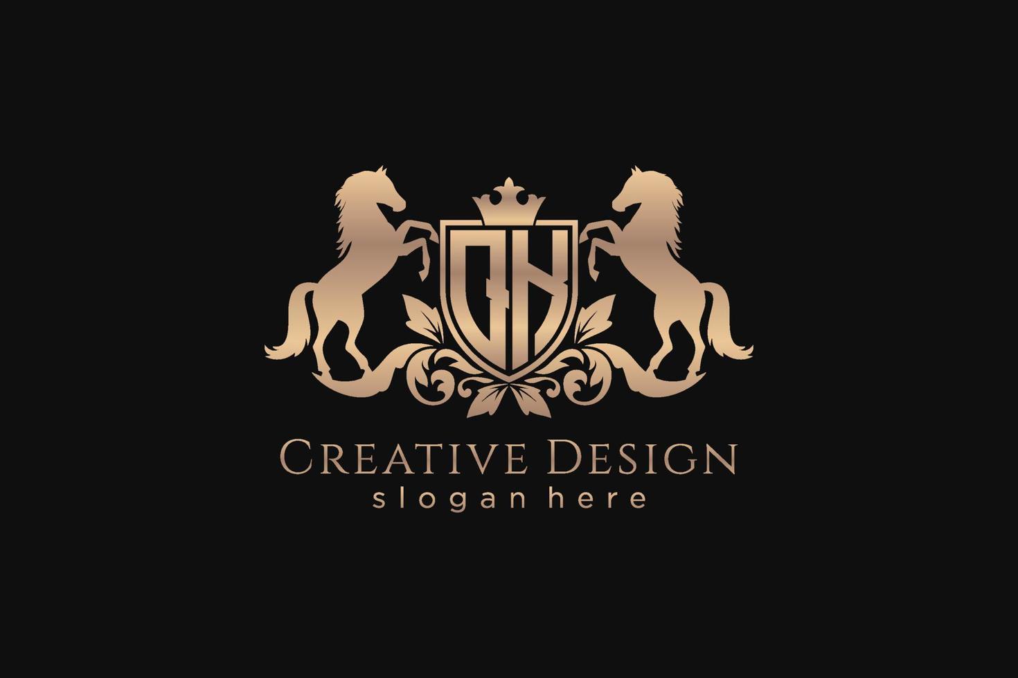 initial QK Retro golden crest with shield and two horses, badge template with scrolls and royal crown - perfect for luxurious branding projects vector