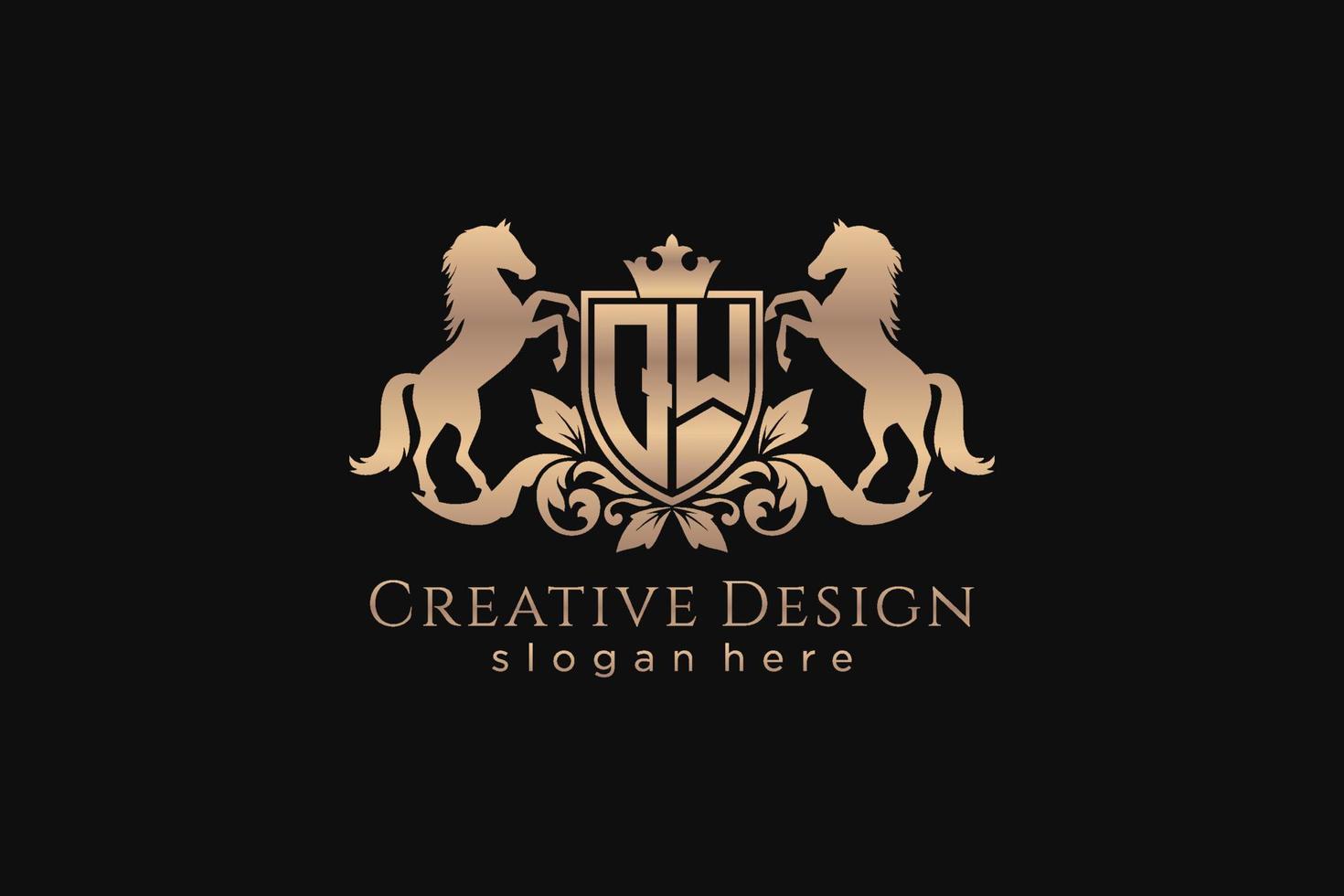 initial QW Retro golden crest with shield and two horses, badge template with scrolls and royal crown - perfect for luxurious branding projects vector