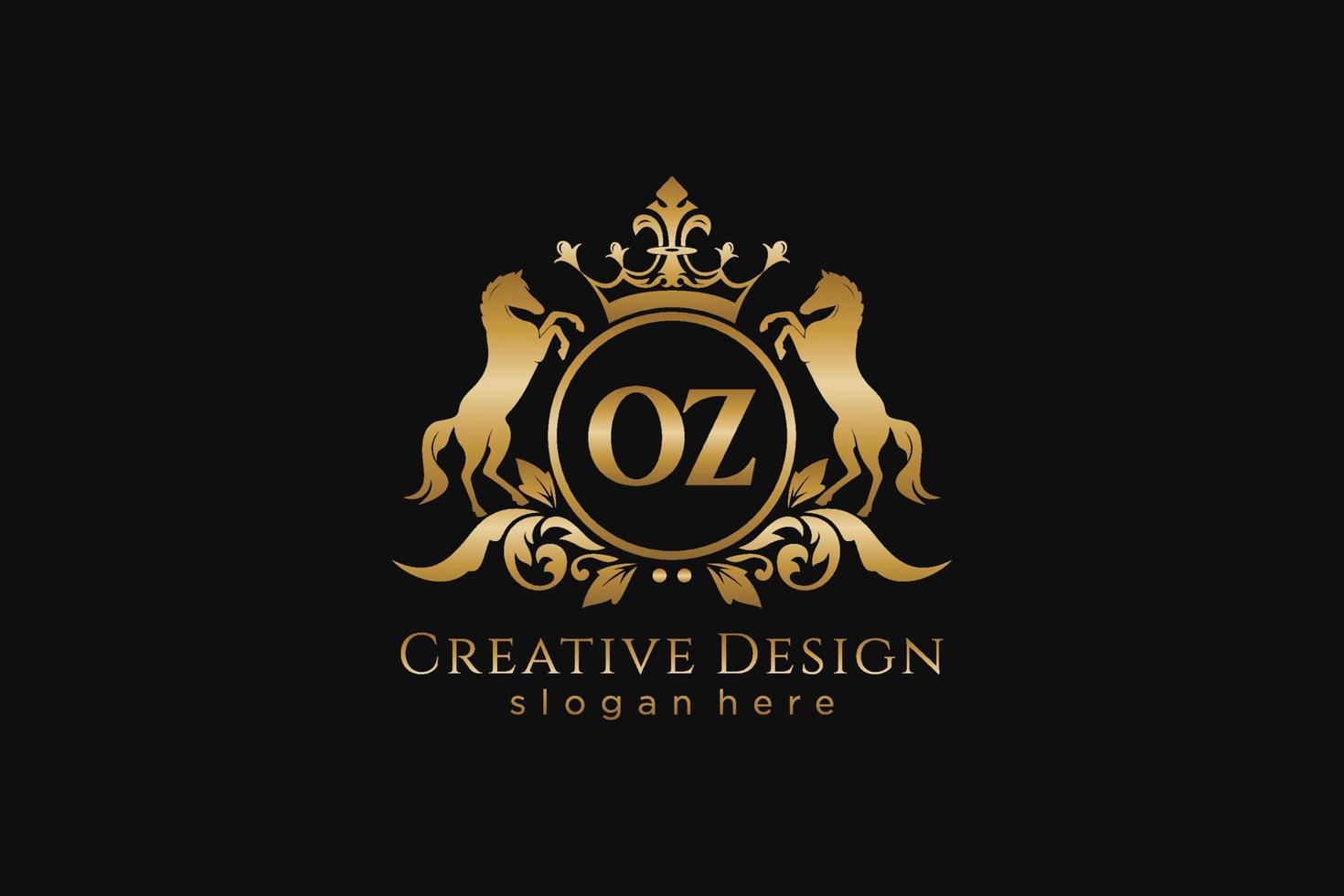 cresta de oro retro oz inicial con círculo y dos caballos, plantilla de insignia con pergaminos y corona real - perfecto para proyectos de marca de lujo vector