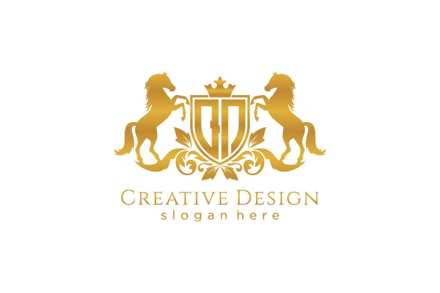 initial QN Retro golden crest with shield and two horses, badge template with scrolls and royal crown - perfect for luxurious branding projects vector