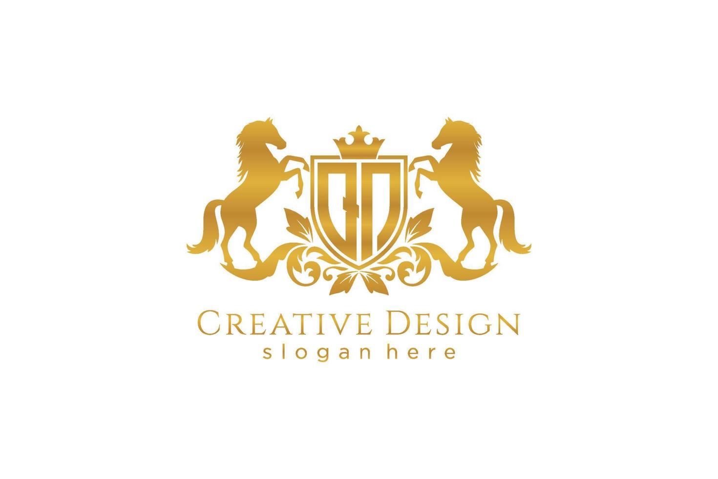 initial QN Retro golden crest with shield and two horses, badge template with scrolls and royal crown - perfect for luxurious branding projects vector