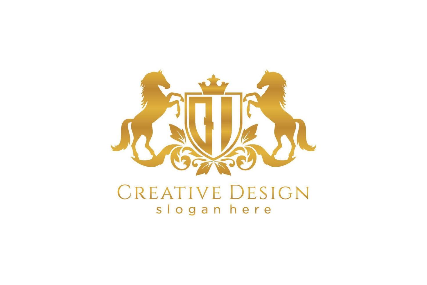 initial QI Retro golden crest with shield and two horses, badge template with scrolls and royal crown - perfect for luxurious branding projects vector