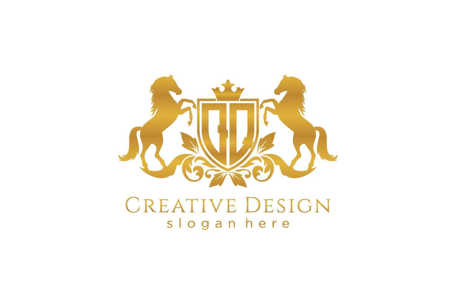 initial QQ Retro golden crest with shield and two horses, badge template with scrolls and royal crown - perfect for luxurious branding projects vector