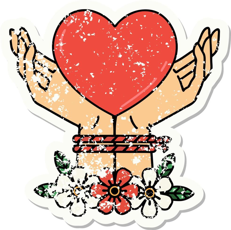 distressed sticker tattoo in traditional style of tied hands and a heart vector
