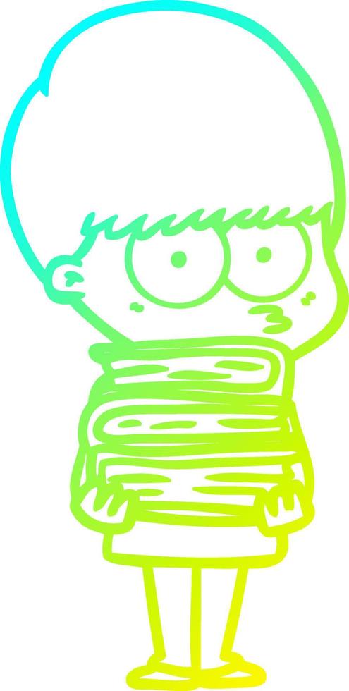 cold gradient line drawing nervous cartoon boy carrying books vector