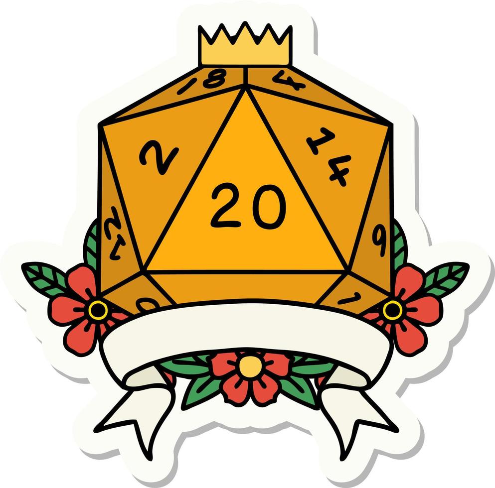 sticker of a natural 20 critical hit D20 dice roll vector