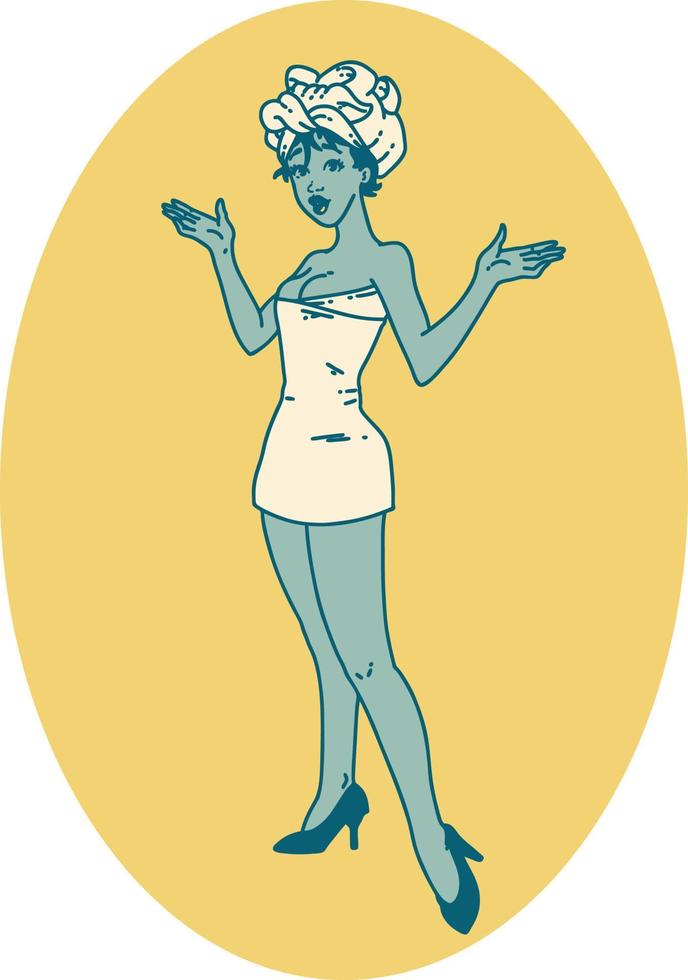 tattoo in traditional style of a pinup girl in towels vector